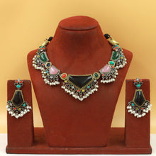 Silver Gold Dual Tone Round Neck Oxidized Necklace Set 21645-97