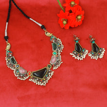Silver Gold Dual Tone Round Neck Oxidized Necklace Set 21645-97