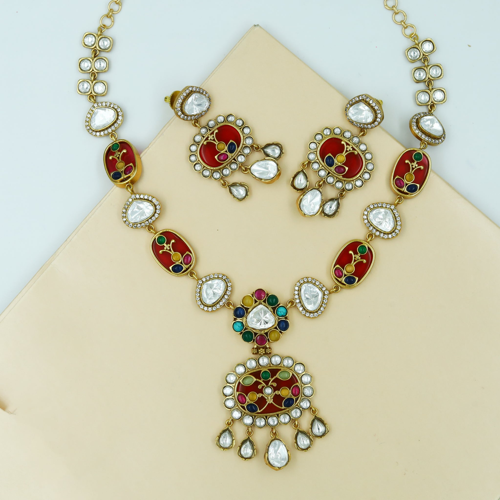 Sabyasachi Inspired Moissanite Round Neck Kundan Necklace Set 13567-87