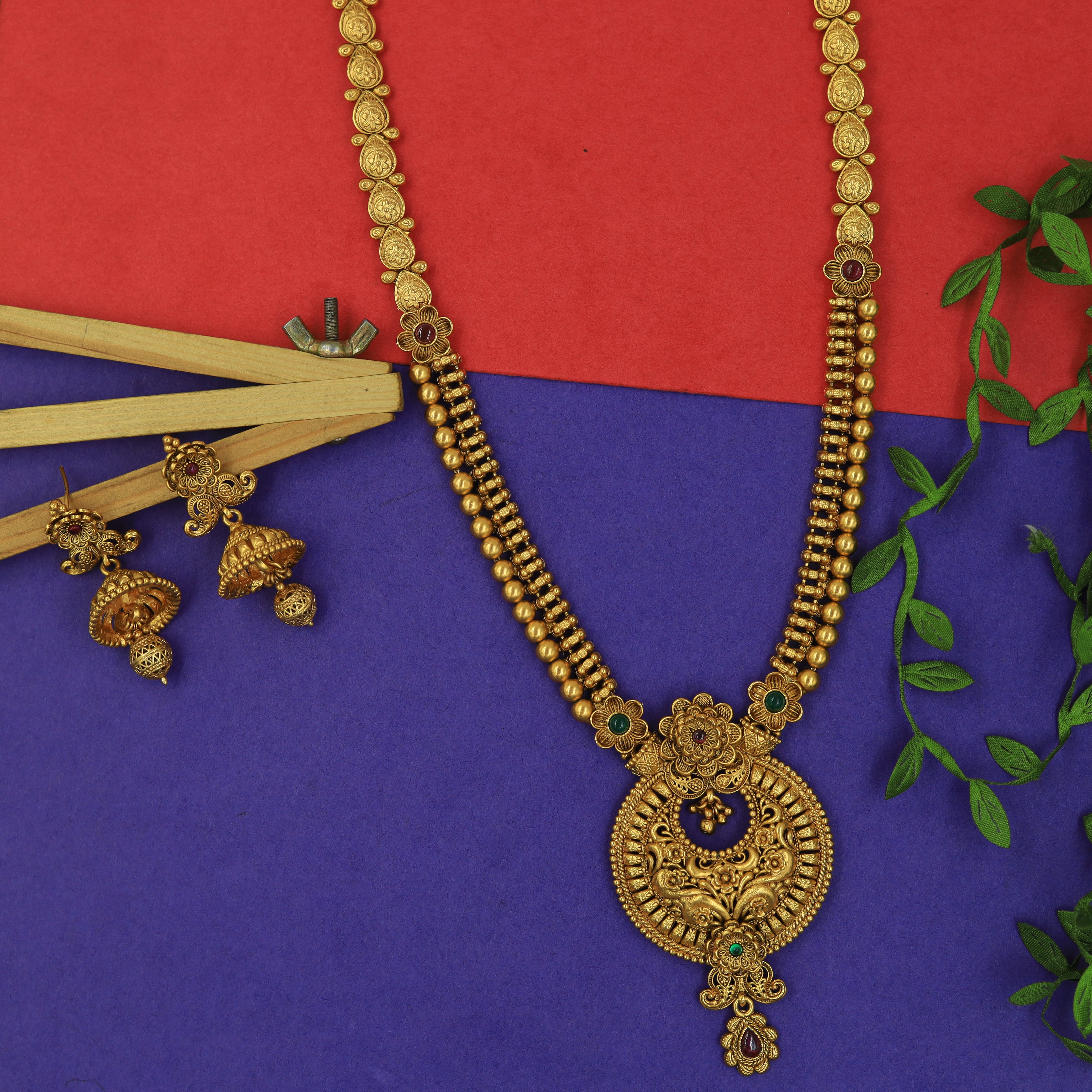 Antique Gold Plated Long Neck Necklace Set 9953-28