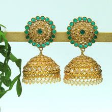 Traditional Gold Look Jhumki With Green Stones And  Pearl Latkan 4049-36317