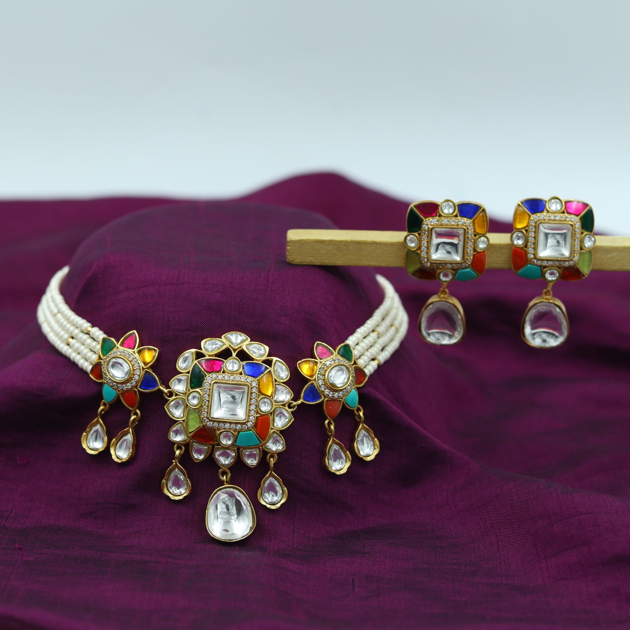 Sabyasachi Inspired Moissanite Choker Kundan Necklace Set 16813-87