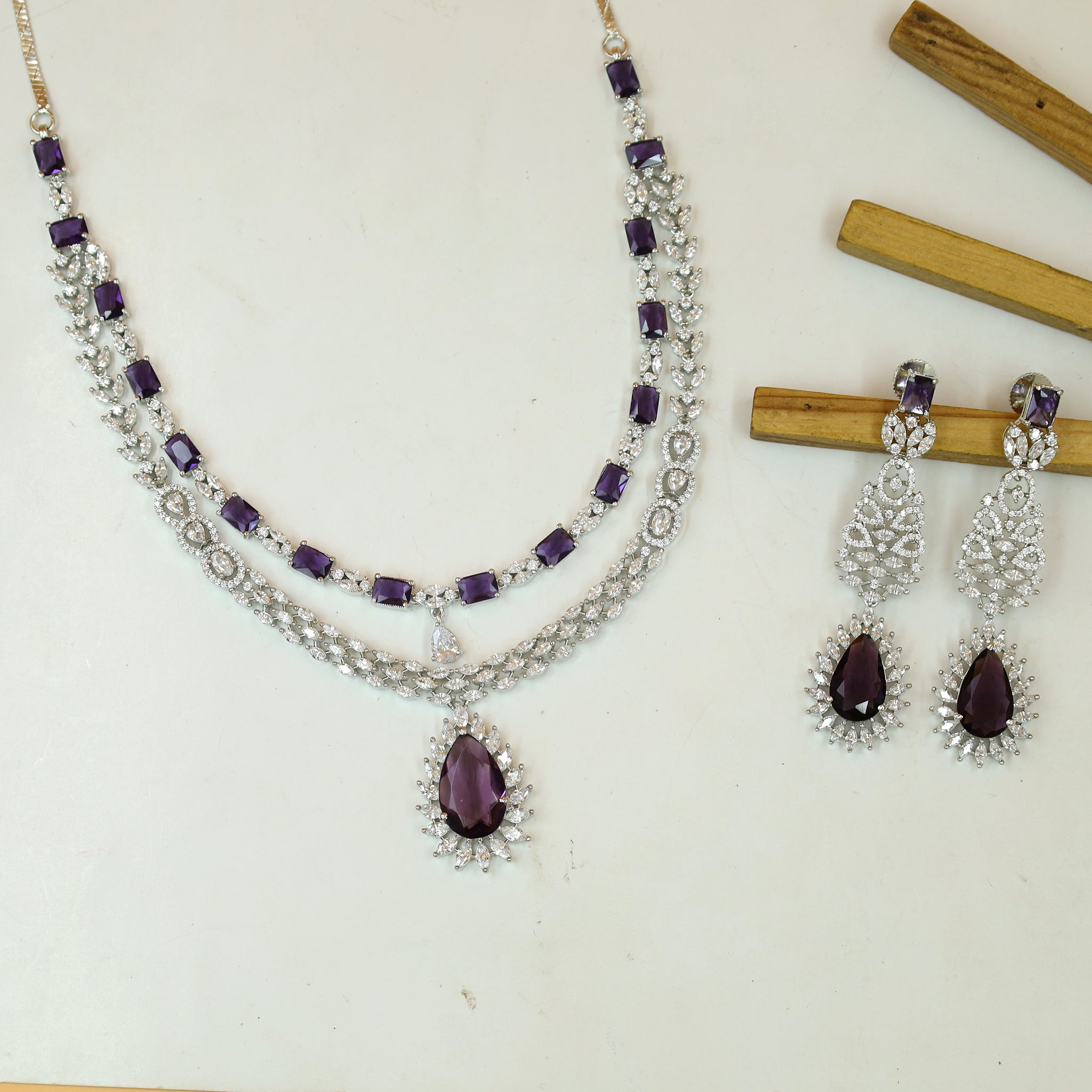 Round Neck Layered Zircon/AD Necklace Set 18243-34