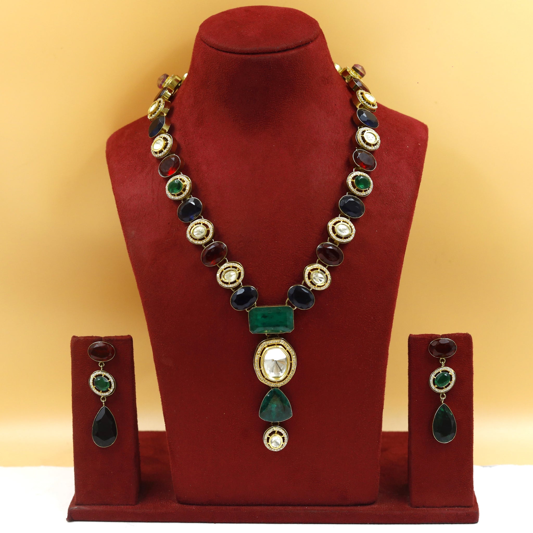 Sabyasachi Inspired Long Neck Kundan Necklace Set 18952-42