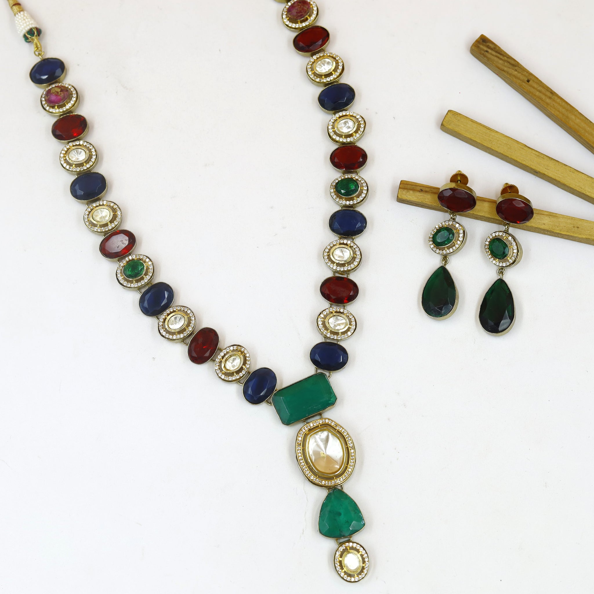 Sabyasachi Inspired Long Neck Kundan Necklace Set 18952-42