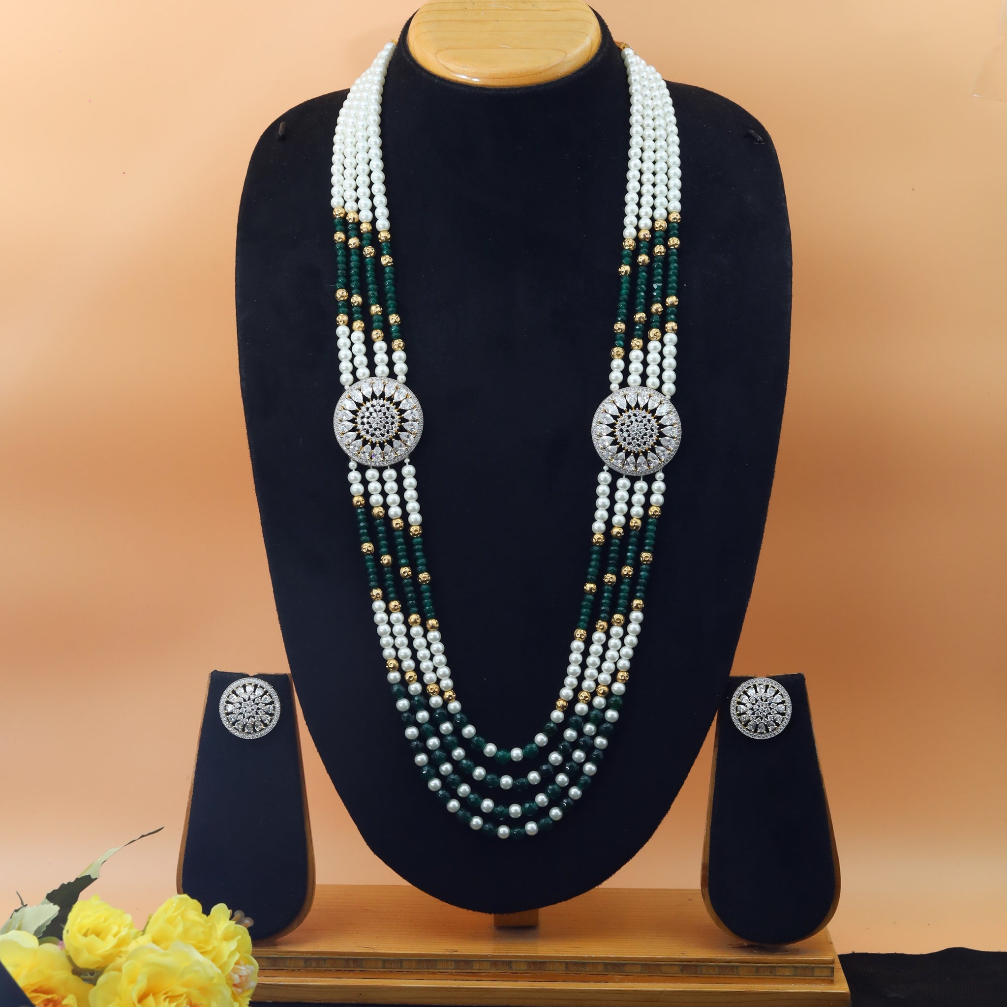 Green White Pearl Necklace Set 2543-6608