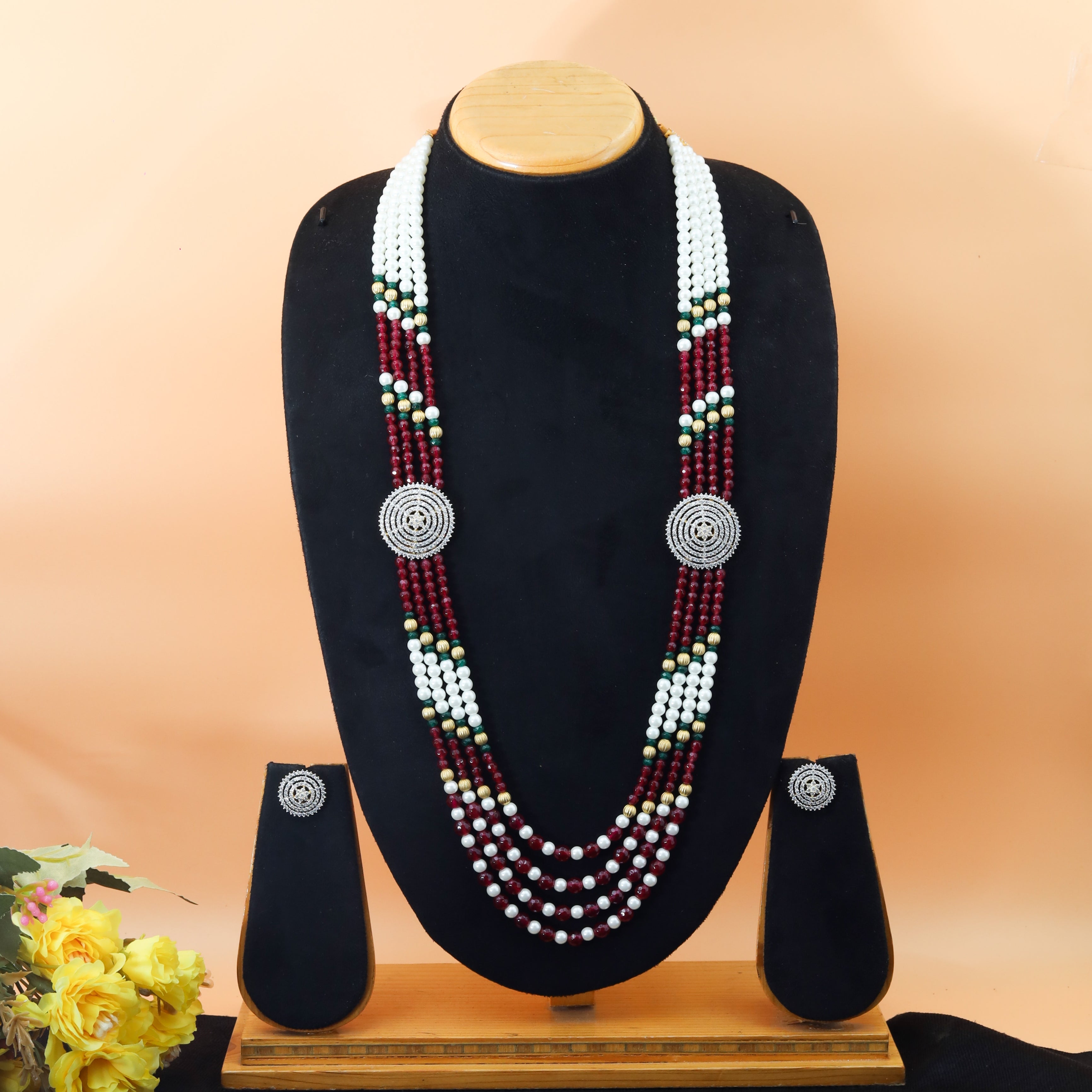 Buy Ruby Green Zircon/AD Pearl Long Necklace Set 2540-6605 Online