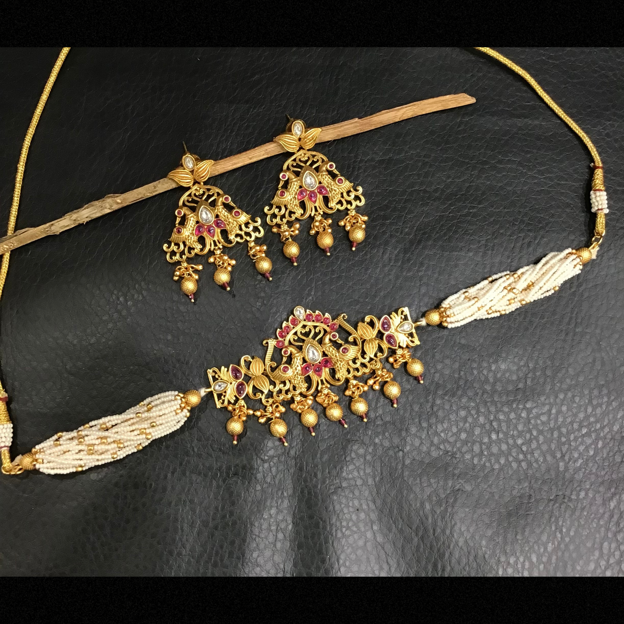 Ruby Color Antique Gold Plated Necklace Set 16678-3825 - Dazzles Jewellery