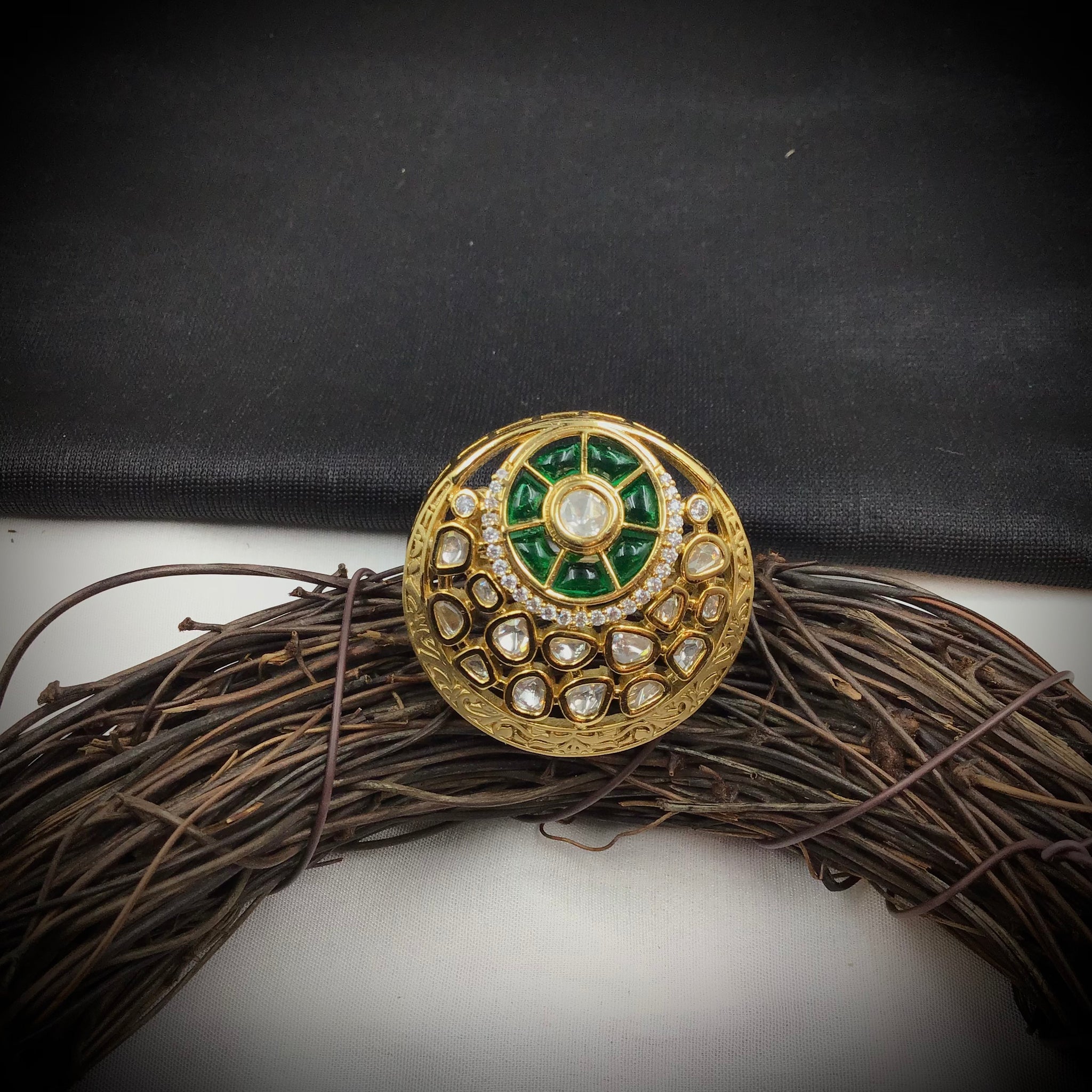 Kundan Cocktail Adjustable Green Ring  10782-6550 - Dazzles Jewellery