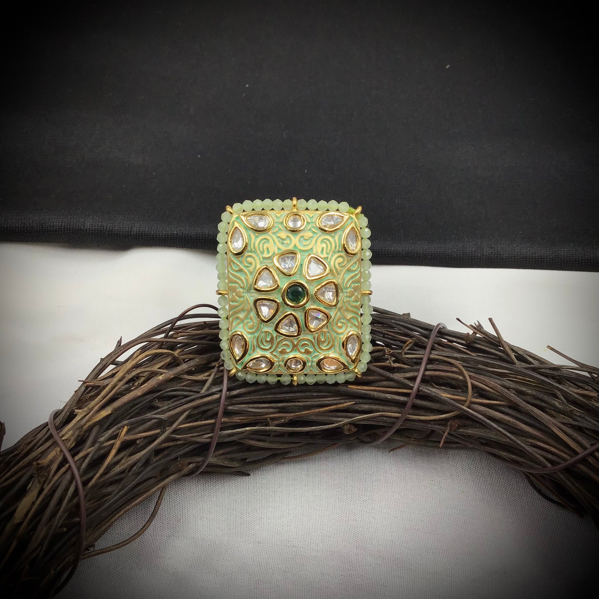 Kundan Meenakari Cocktail Adjustable Mint Green Ring 10784-6555 - Dazzles Jewellery