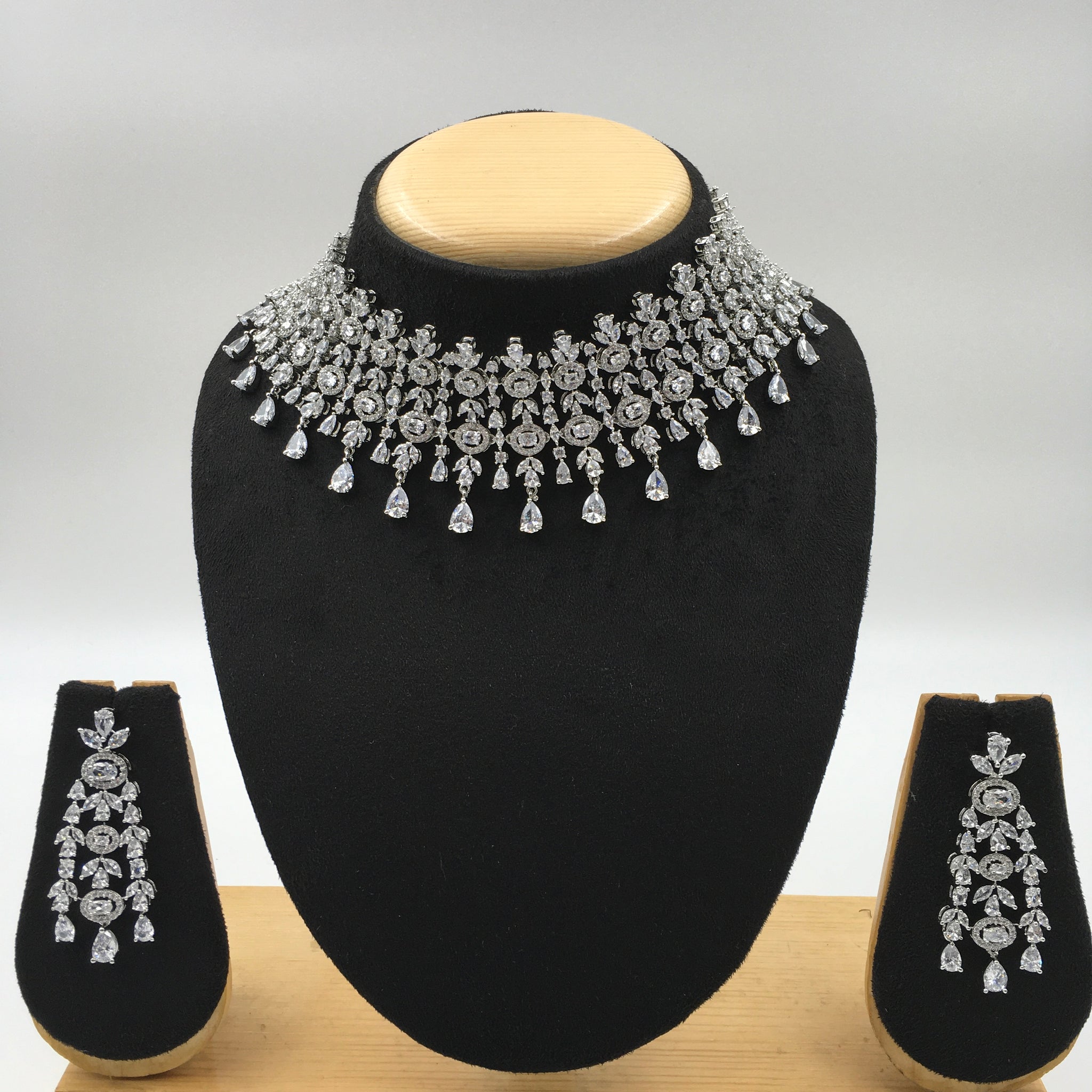 Silver Polish Zircon/AD Necklace Set 6763-69 - Dazzles Jewellery