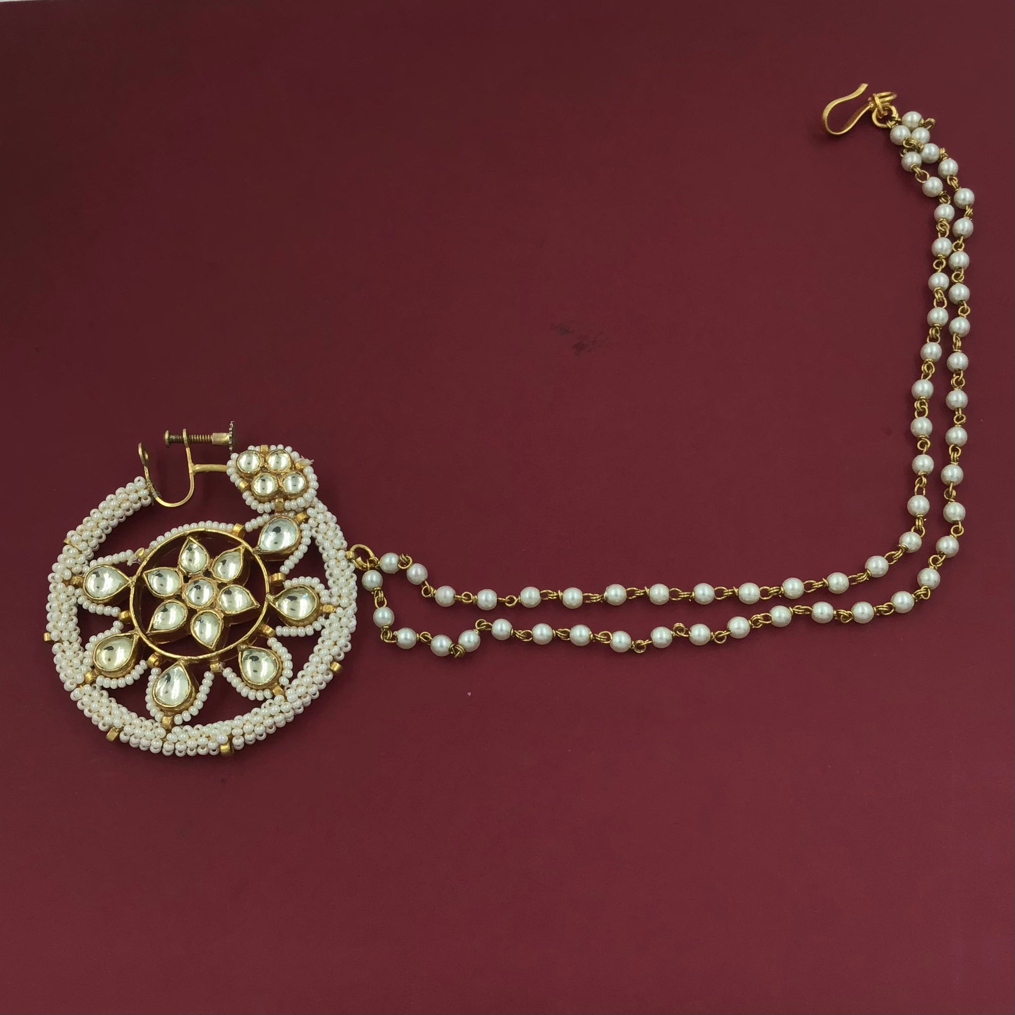 Gold Plated Polki Pearl Nath with Screw 12669-9190 - Dazzles Jewellery