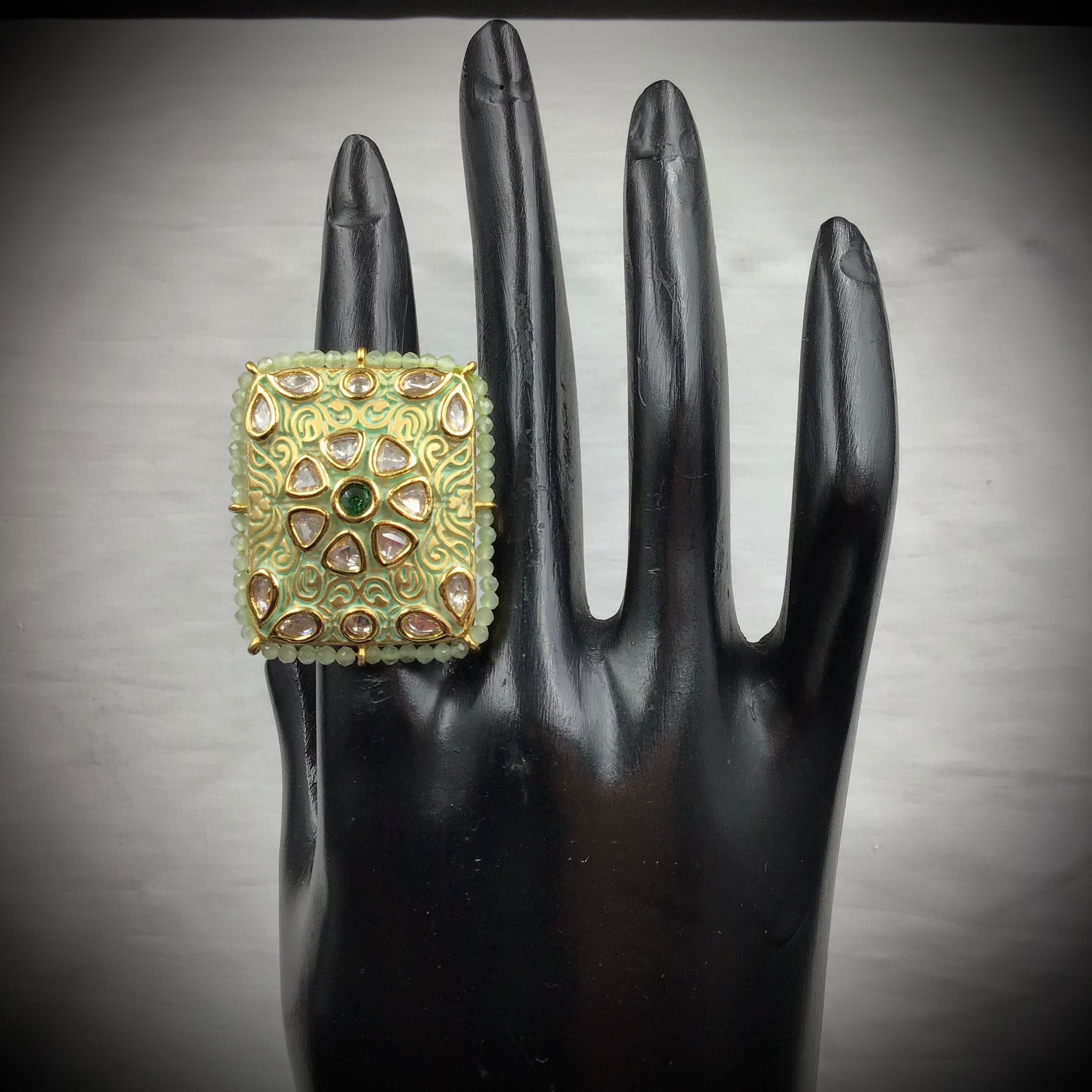 Kundan Meenakari Cocktail Adjustable Mint Green Ring 10784-6555 - Dazzles Jewellery