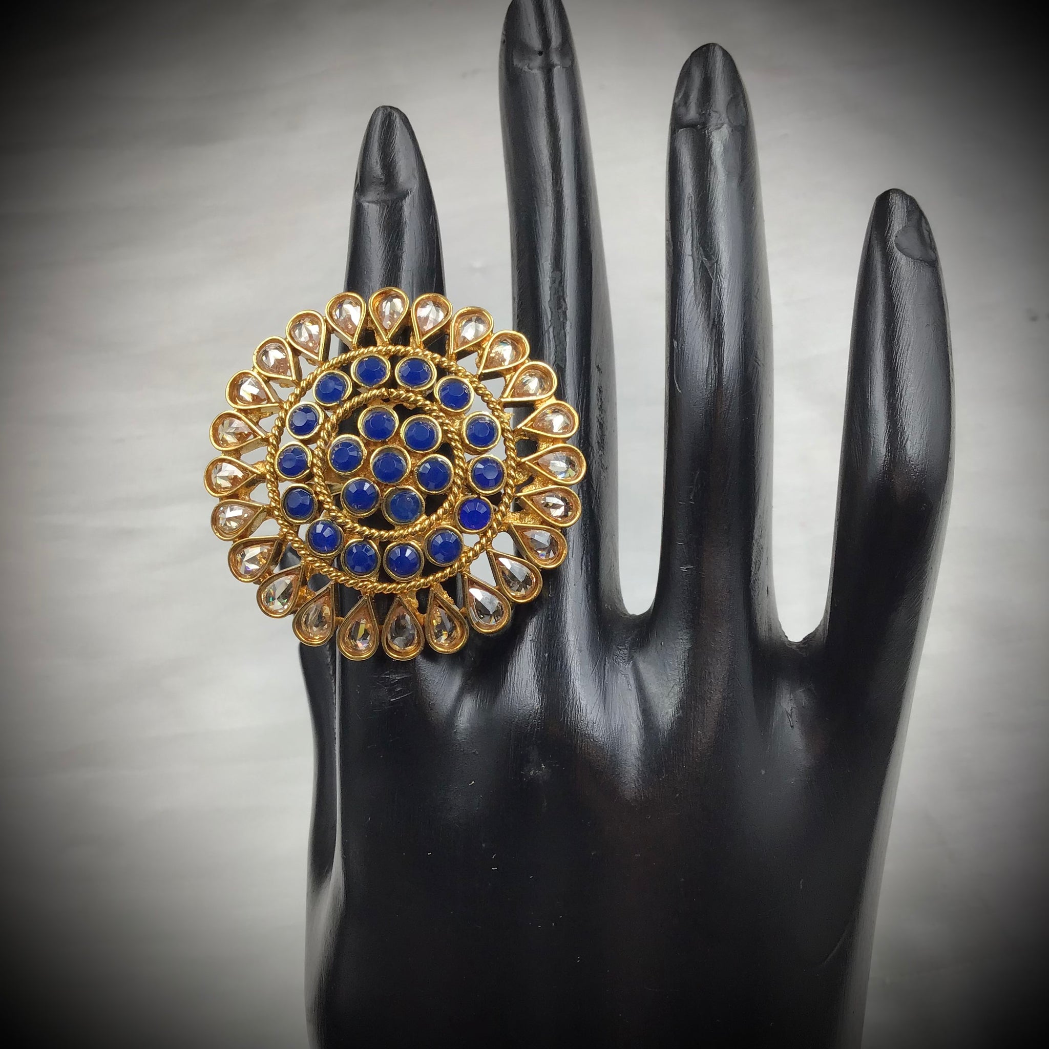 Polki Cocktail Adjustable Blue Ring 3224-7289 - Dazzles Jewellery