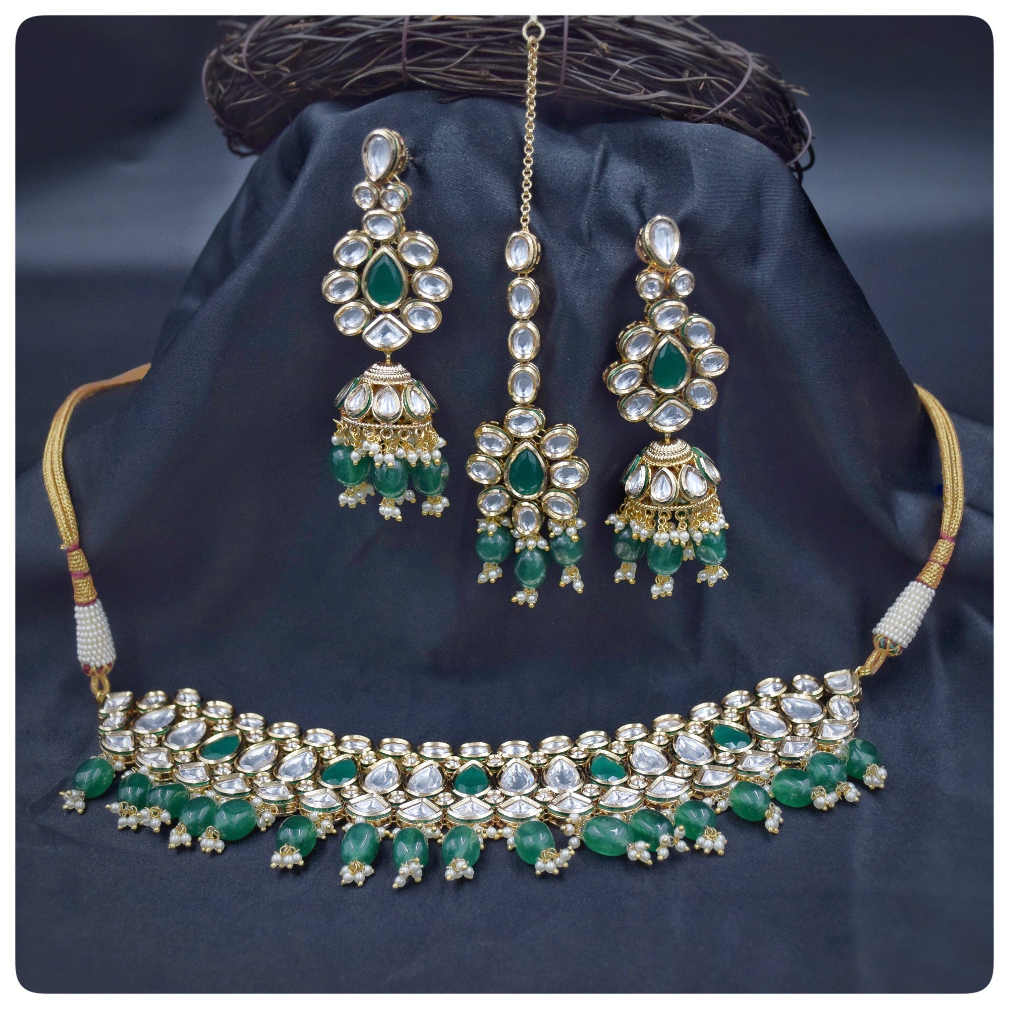Big Kundan Green Choker Set with Jhumki - Dazzles Jewellery