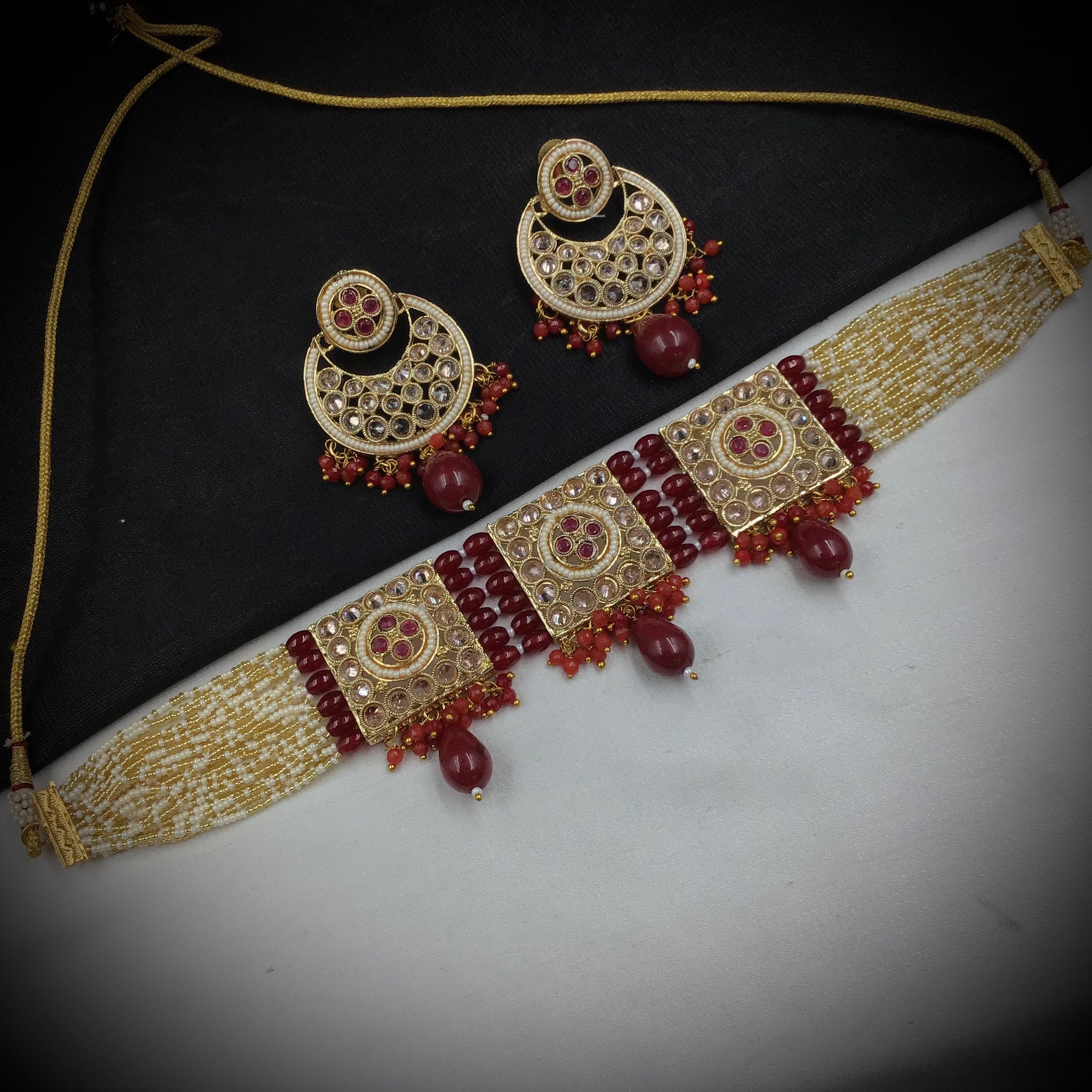 Ruby Gold Look Necklace Set 18183-5365 - Dazzles Jewellery