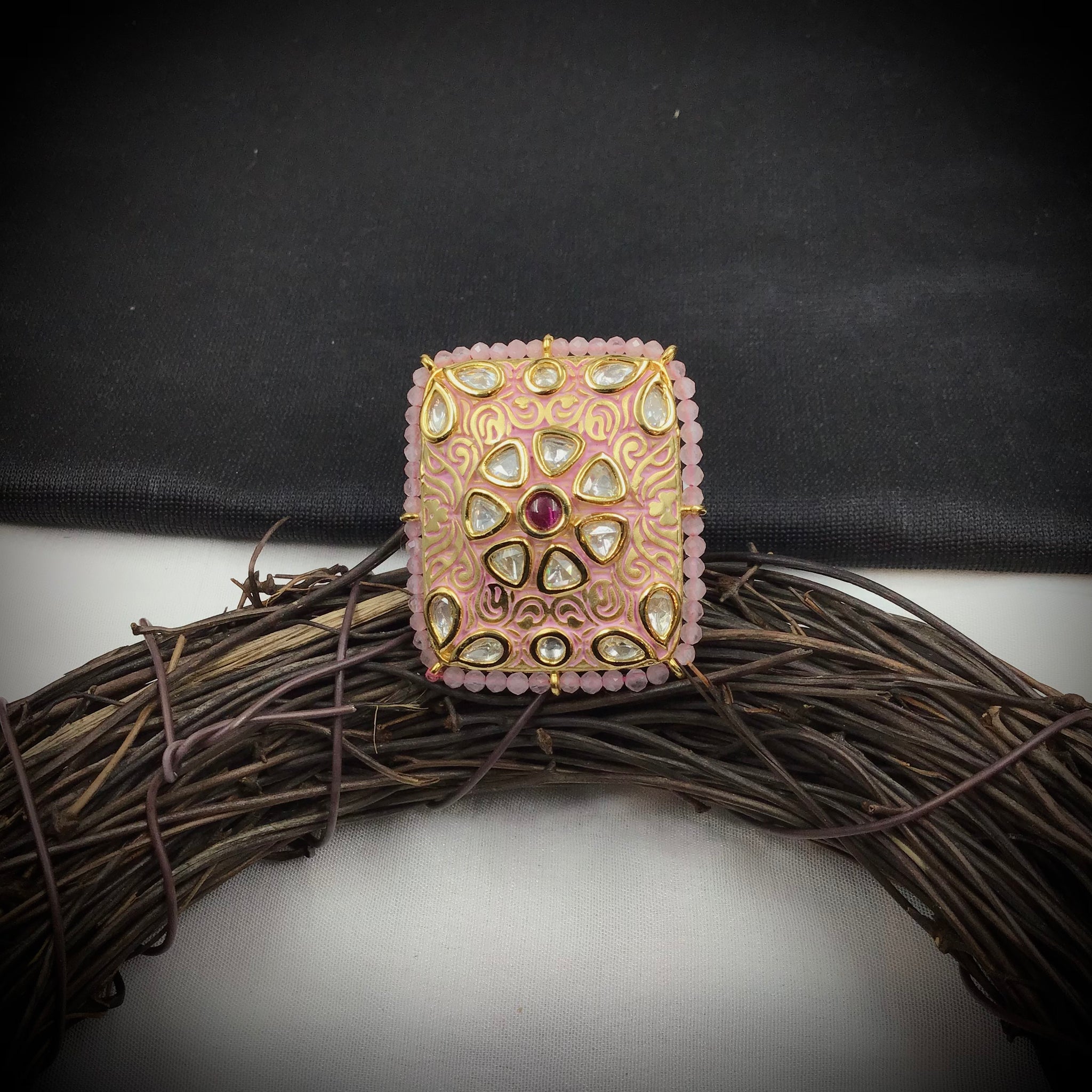 Kundan Meenakari Cocktail Adjustable Pink Ring  10784-6553 - Dazzles Jewellery
