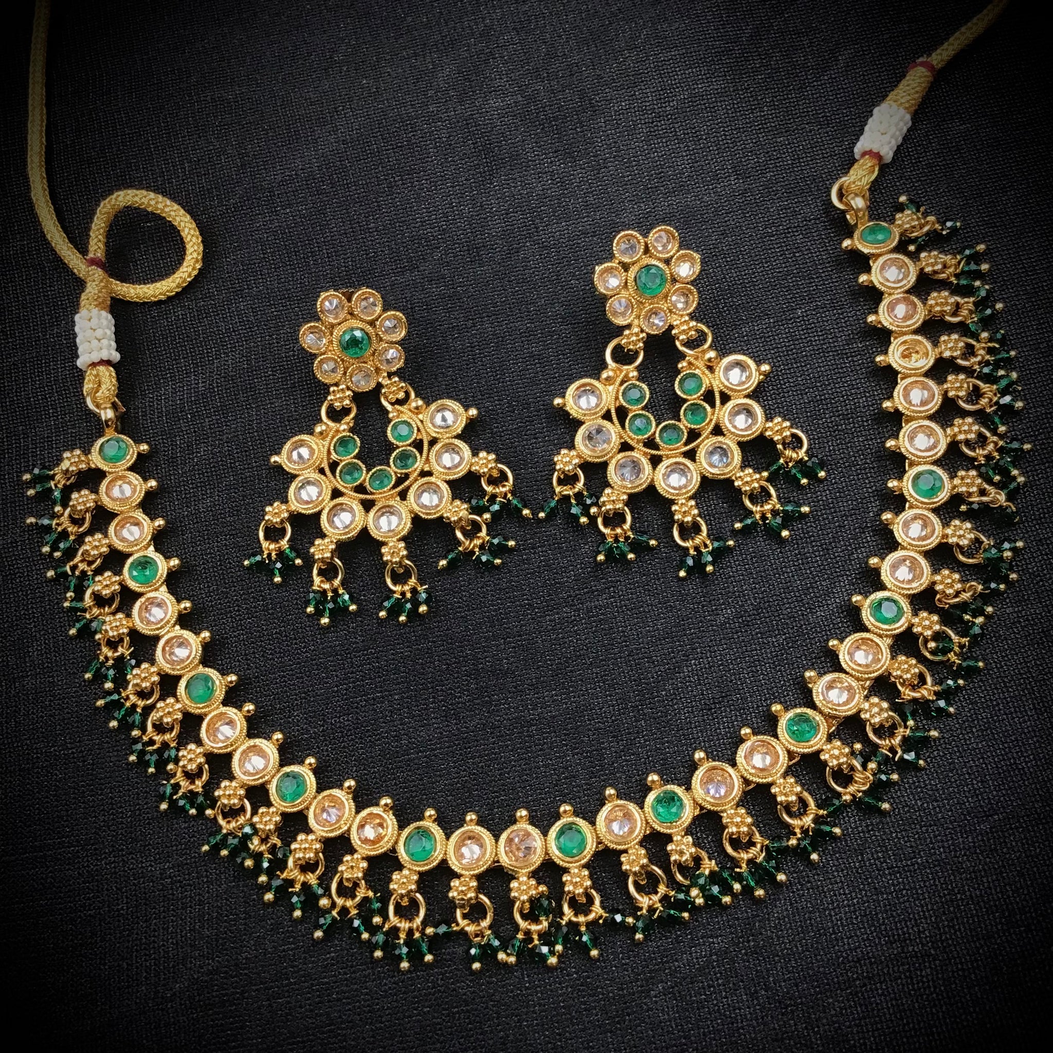 Green Gold Look Necklace Set  19745-6929 - Dazzles Jewellery
