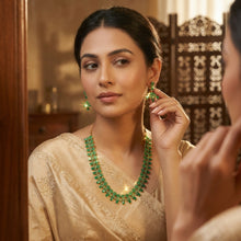 Elegant Jadau Round Neck Necklace Set With Green Stones