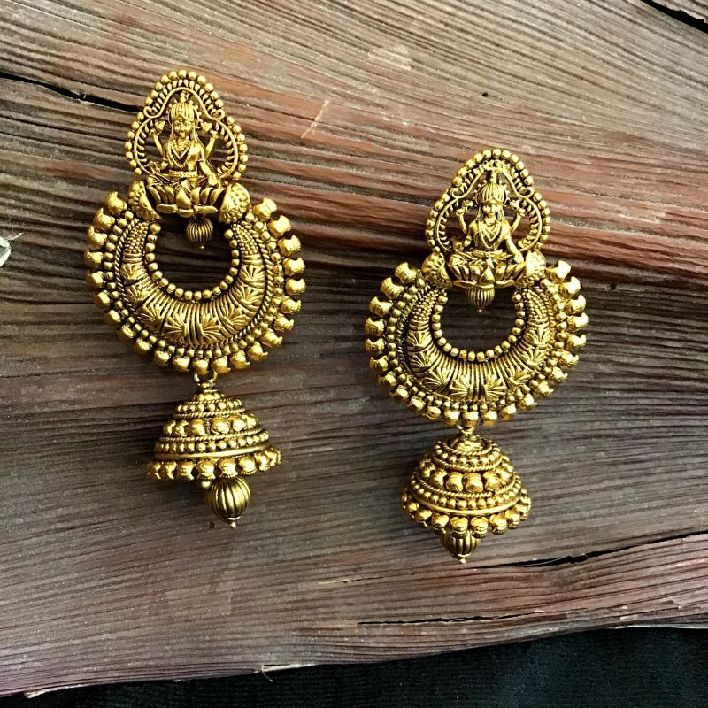 Gold Plated Golden Polished Temple Jhumka Style Earrings : JCU1016