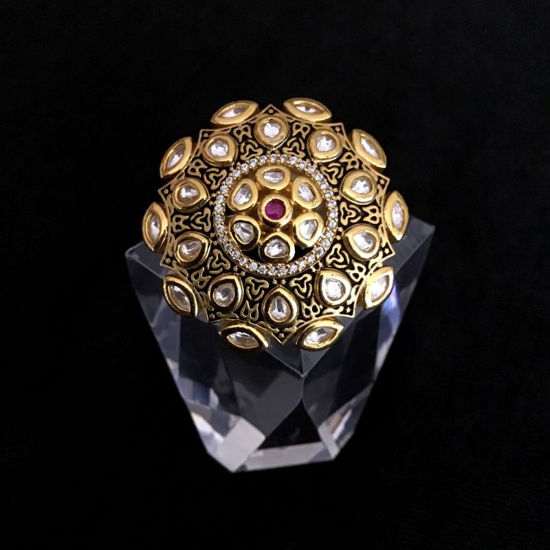 Kundan Cocktail Adjustable Black Ring 1160-5225 - Dazzles Jewellery