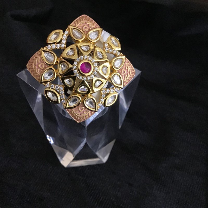 Pink Kundan Cocktail Adjustable Ring 1169-5234 - Dazzles Jewellery
