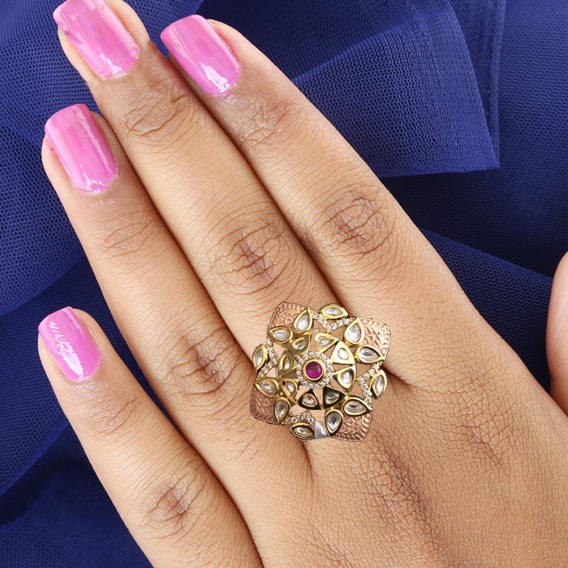 Pink Kundan Cocktail Adjustable Ring 1169-5234 - Dazzles Jewellery