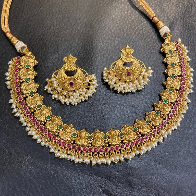 Ruby Green Temple Necklace Set - Dazzles Jewellery