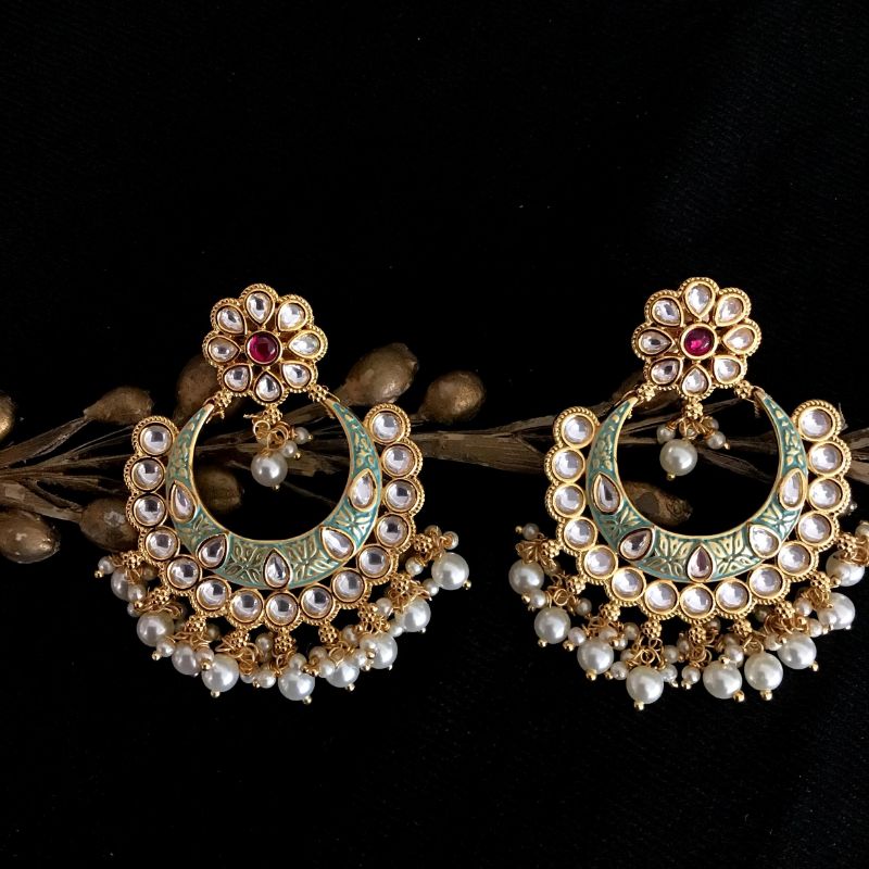 Mint Green  Meenakari  Kundan Earring - Dazzles Jewellery