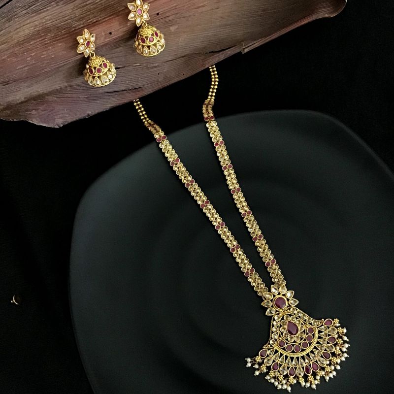 Ruby Antique Gold Finish Long Necklace Set - Dazzles Jewellery