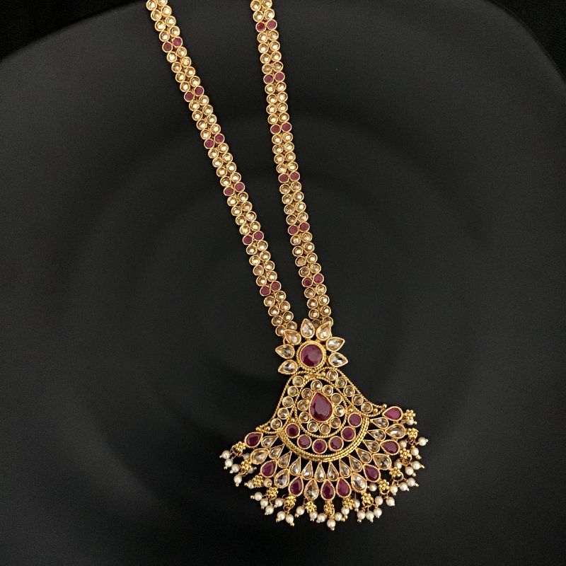Ruby Antique Gold Finish Long Necklace Set - Dazzles Jewellery