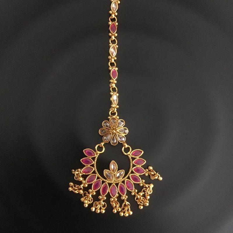 Polki Ruby Maang Tikka in Gold Polish 12915-9534 - Dazzles Jewellery