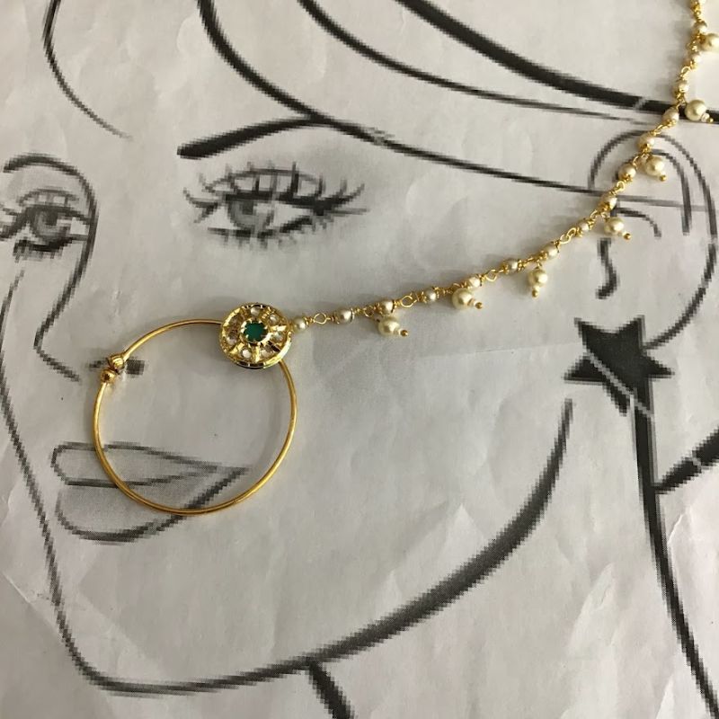 Kundan Nath Green Color with Pearl Chain - Dazzles Jewellery