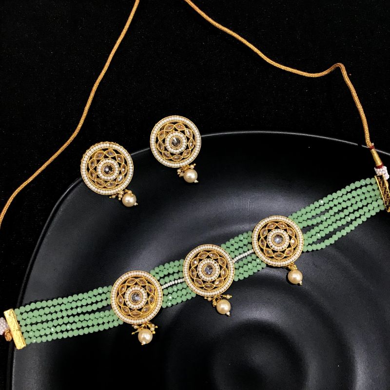 Mint Green Gold Look Necklace Set 13291-0233 - Dazzles Jewellery