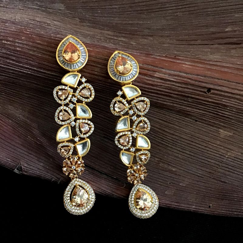 Champagne Color Zircon/AD Long Earring 1358-5423 - Dazzles Jewellery