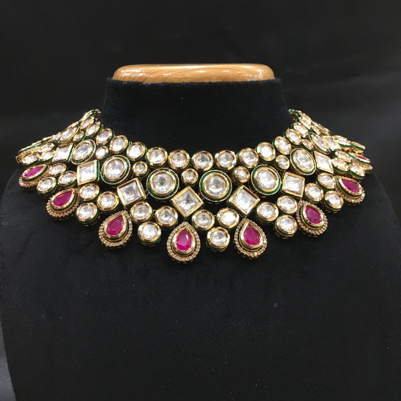 Heavy Ruby Kundan Necklace Set with Danglers - Dazzles Jewellery