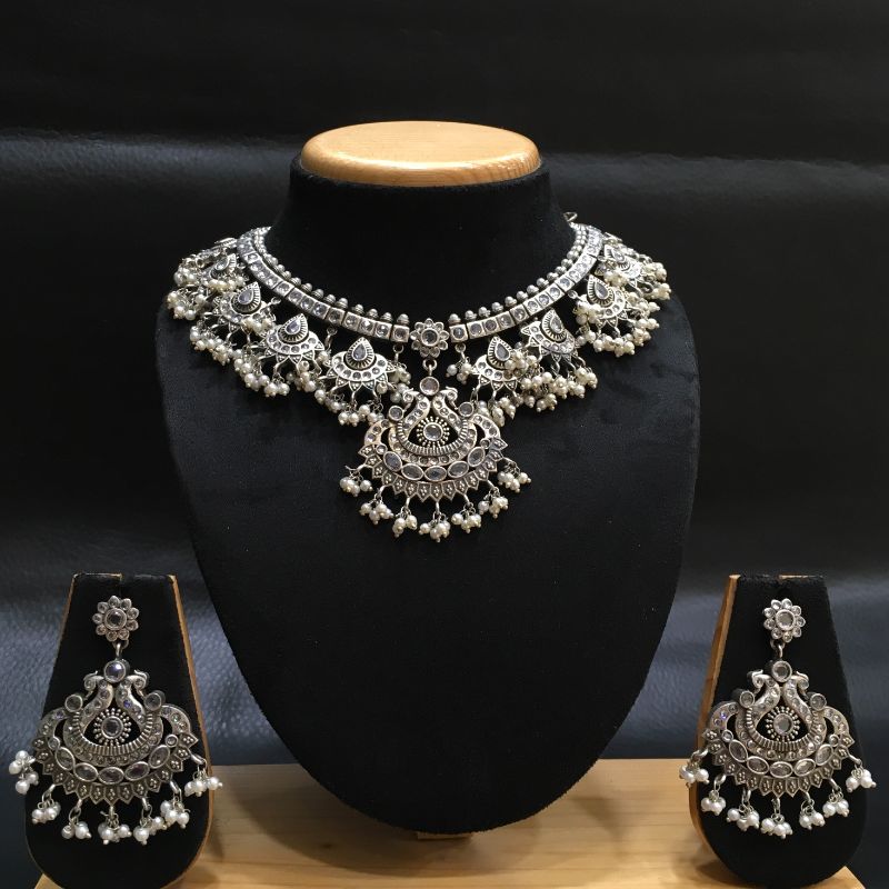 White Silver Oxidized Necklace Set with matching danglers - Dazzles Jewellery