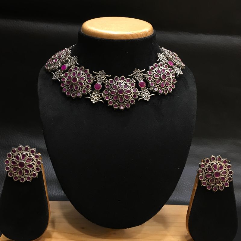 Ruby Oxidized Necklace Set With Matching Tops - Dazzles Jewellery
