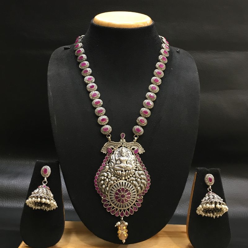 Ruby Silver Oxidized Pendant Set with Jhumki 14622-1743 - Dazzles Jewellery