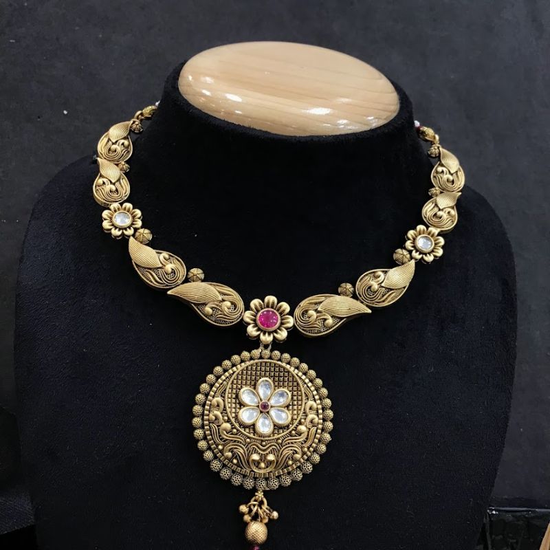 Antique Gold Finish Ruby Kundan Necklace Set - Dazzles Jewellery