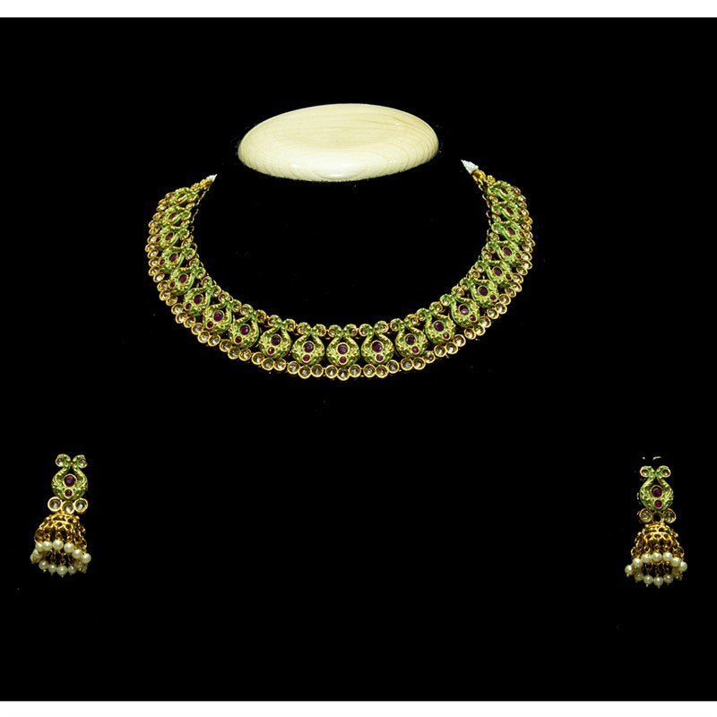 Mint Green Ruby Gold Look Necklace Set 1590-5655 - Dazzles Jewellery