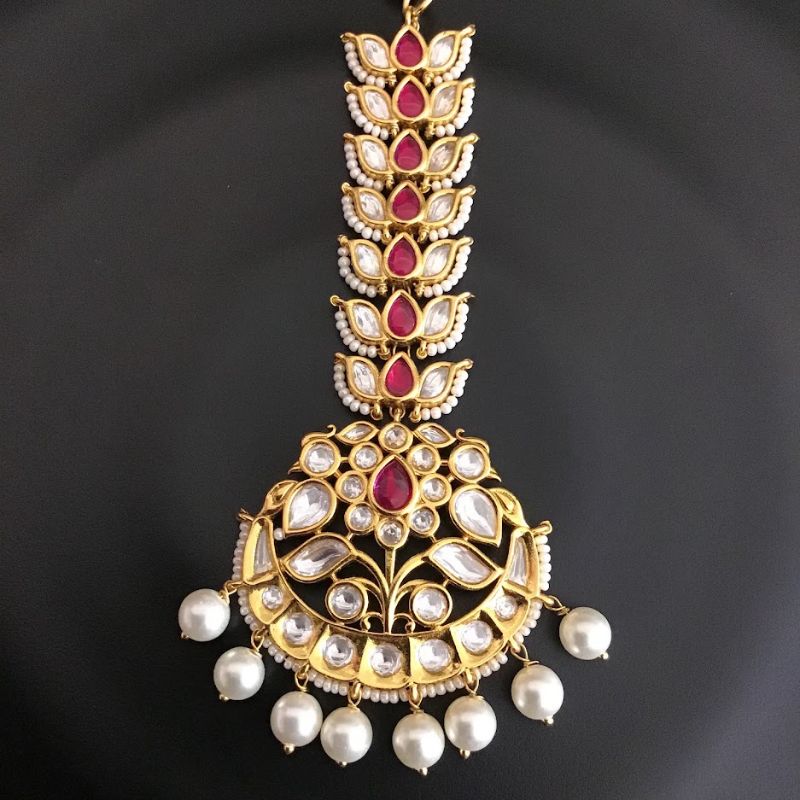 Bridal Kundan Maang Tikka with Ruby and Pearls 16274-3421 - Dazzles Jewellery