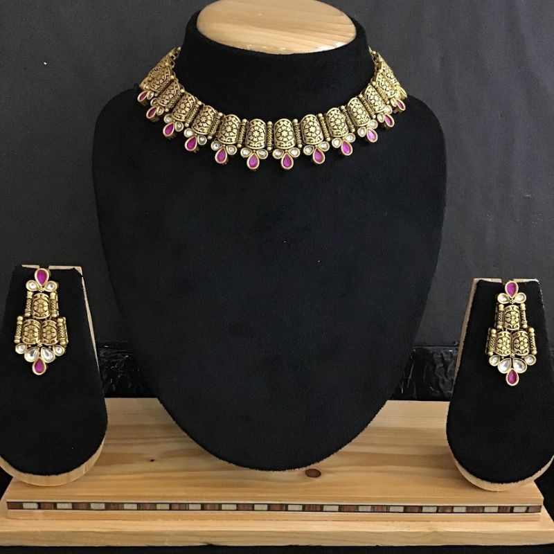 Ruby Antique Gold Finish Necklace Set 16601-3748 - Dazzles Jewellery