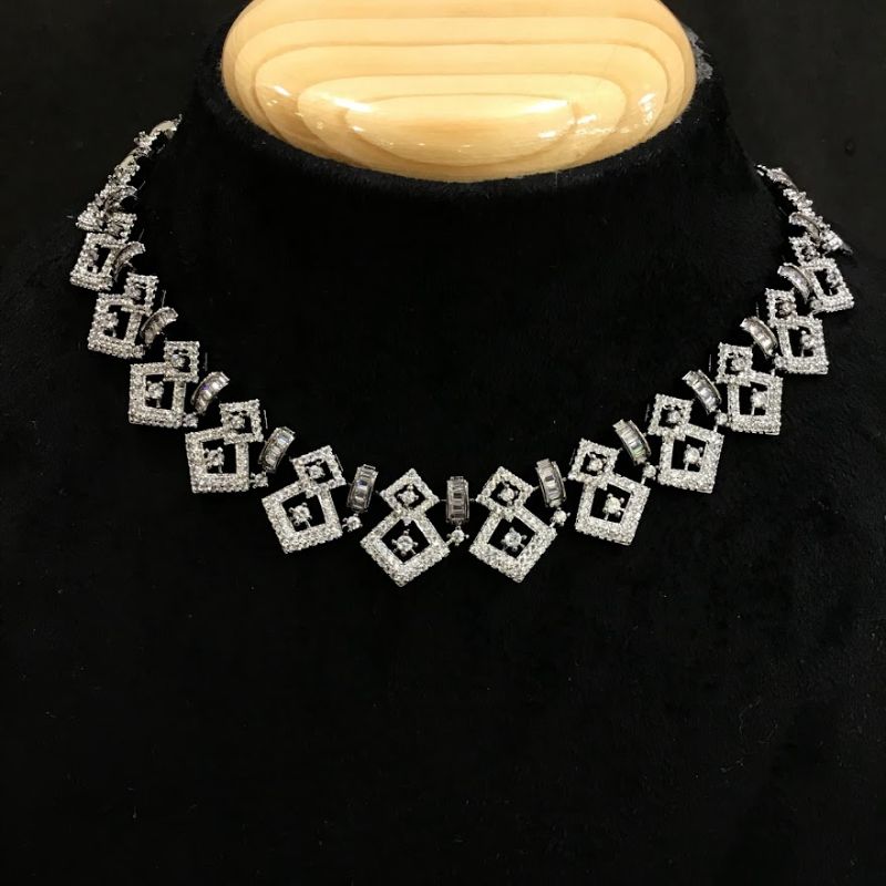 Silver Finish Round Zircon/AD Necklace Set - Dazzles Jewellery
