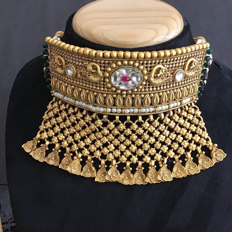 Designer Ruby Green Antique Finish Choker Set - Dazzles Jewellery