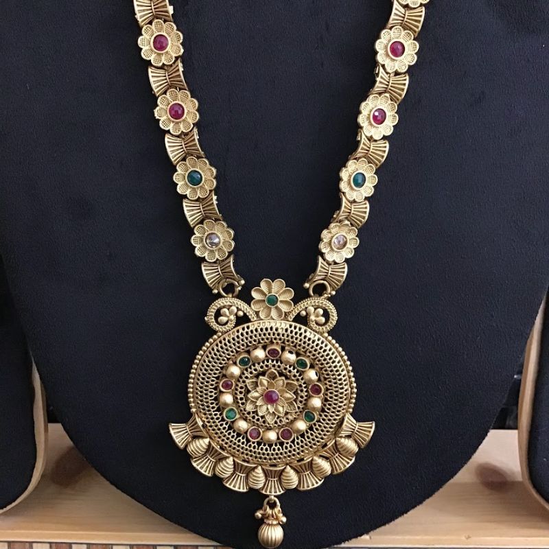 Ruby Green Antique Gold Finish Long Necklace Set - Dazzles Jewellery