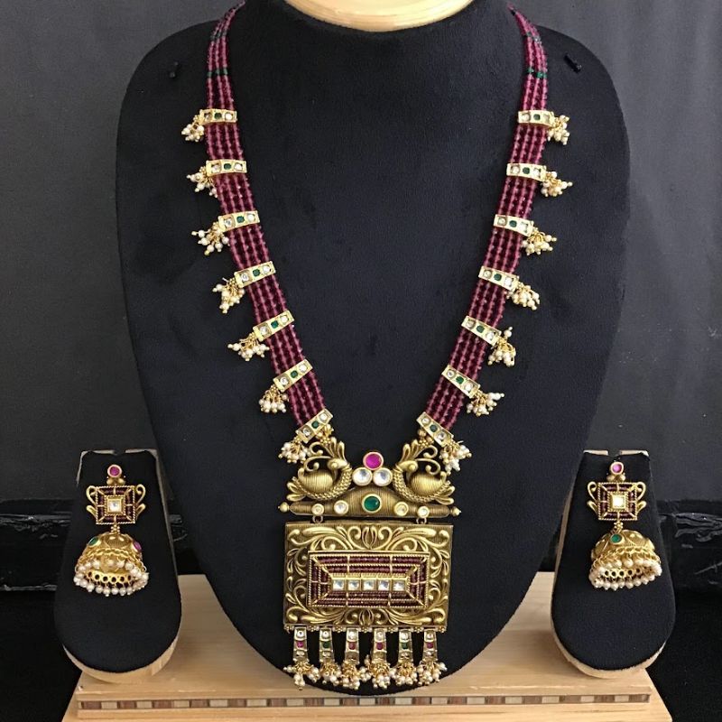 Designer Ruby Green Antique Gold Pendant Set - Dazzles Jewellery