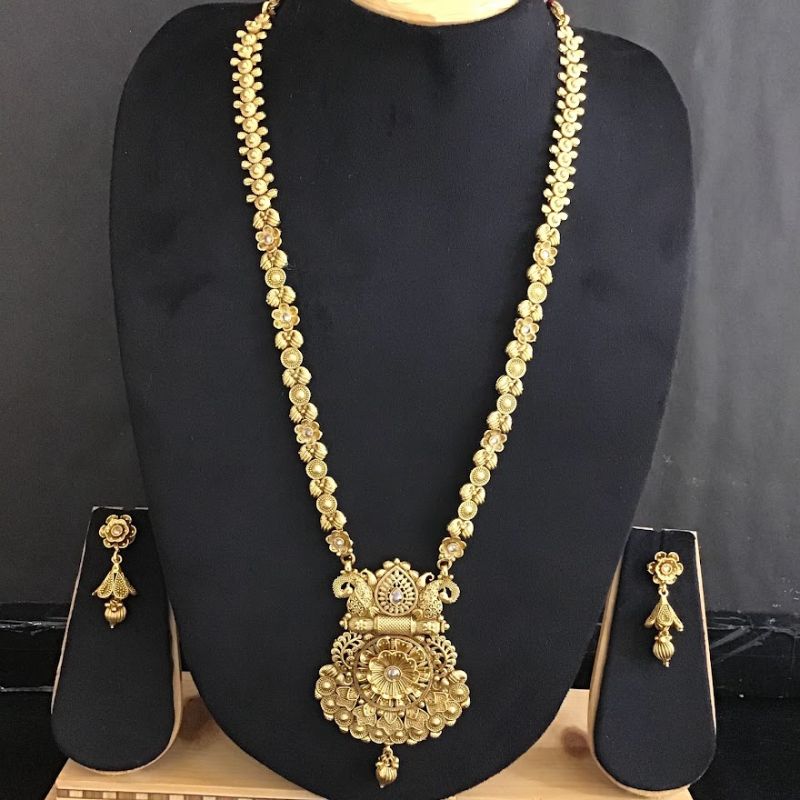 Antique Gold Finish Long Necklace Set - Dazzles Jewellery