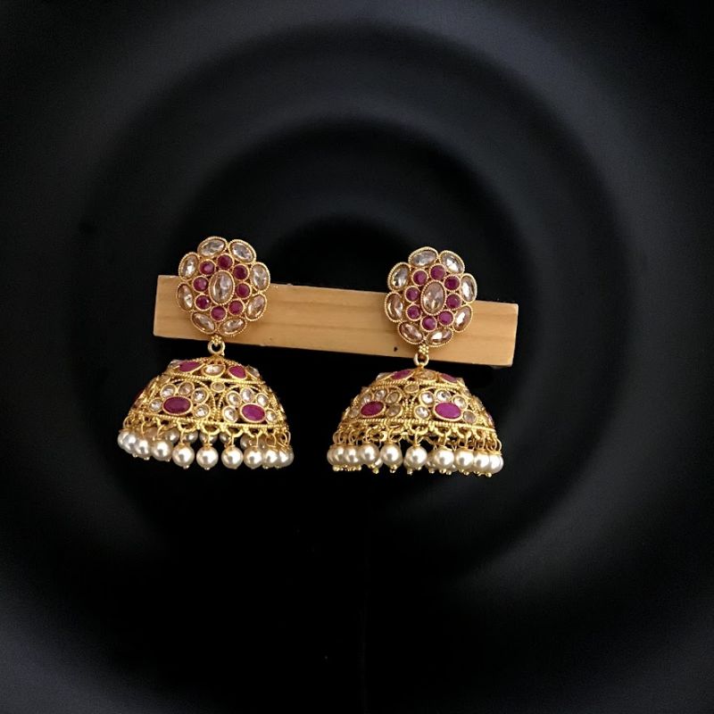 Stunning Ruby Color Gold Polish Jhumki - Dazzles Jewellery
