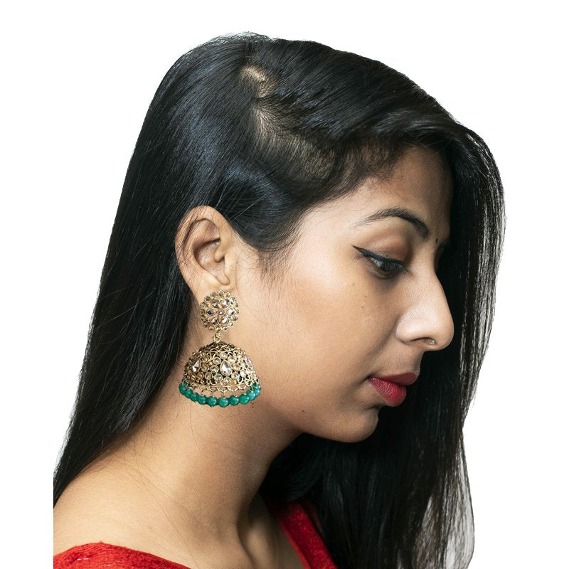 Antique Jhumki With Small Green Beads Latkan - Dazzles Jewellery